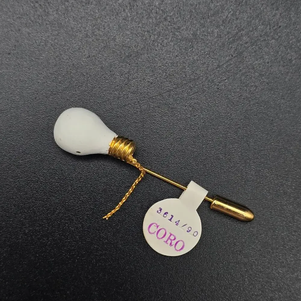 Coro Light Bulb Stick Pin Gold Tone White Enamel Vintage Jewelry